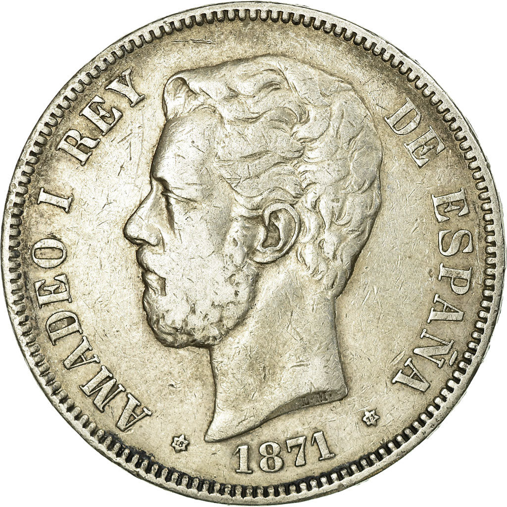 Coin, Spain, Amadeao I, 5 Pesetas, 1871, Madrid, VF(30-35), Silver, KM:666