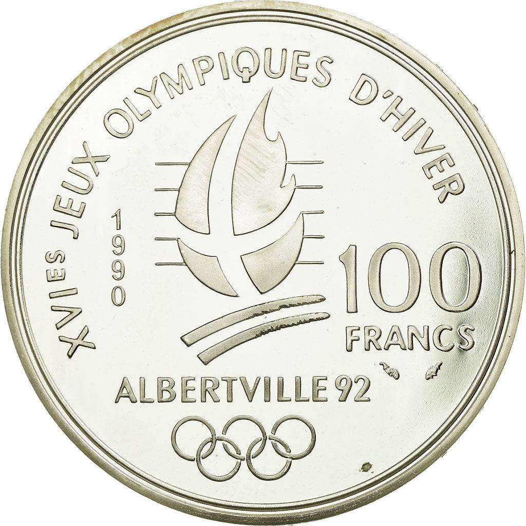Moneta, Francia, Free-style skier, 100 Francs, 1990, BE, SPL, Argento, KM:983