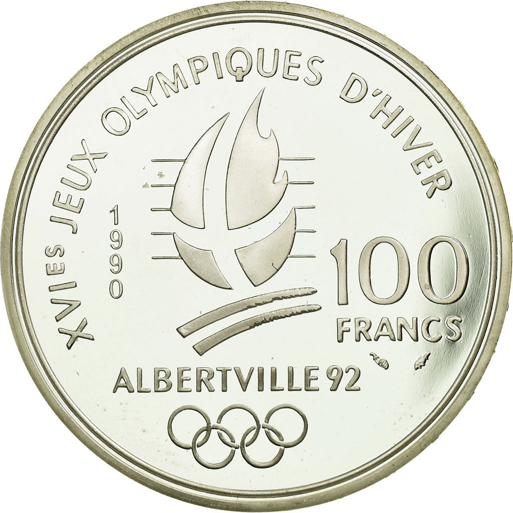 Moneta, Francia, Slalom skiers, 100 Francs, 1990, BE, SPL, Argento, KM:984