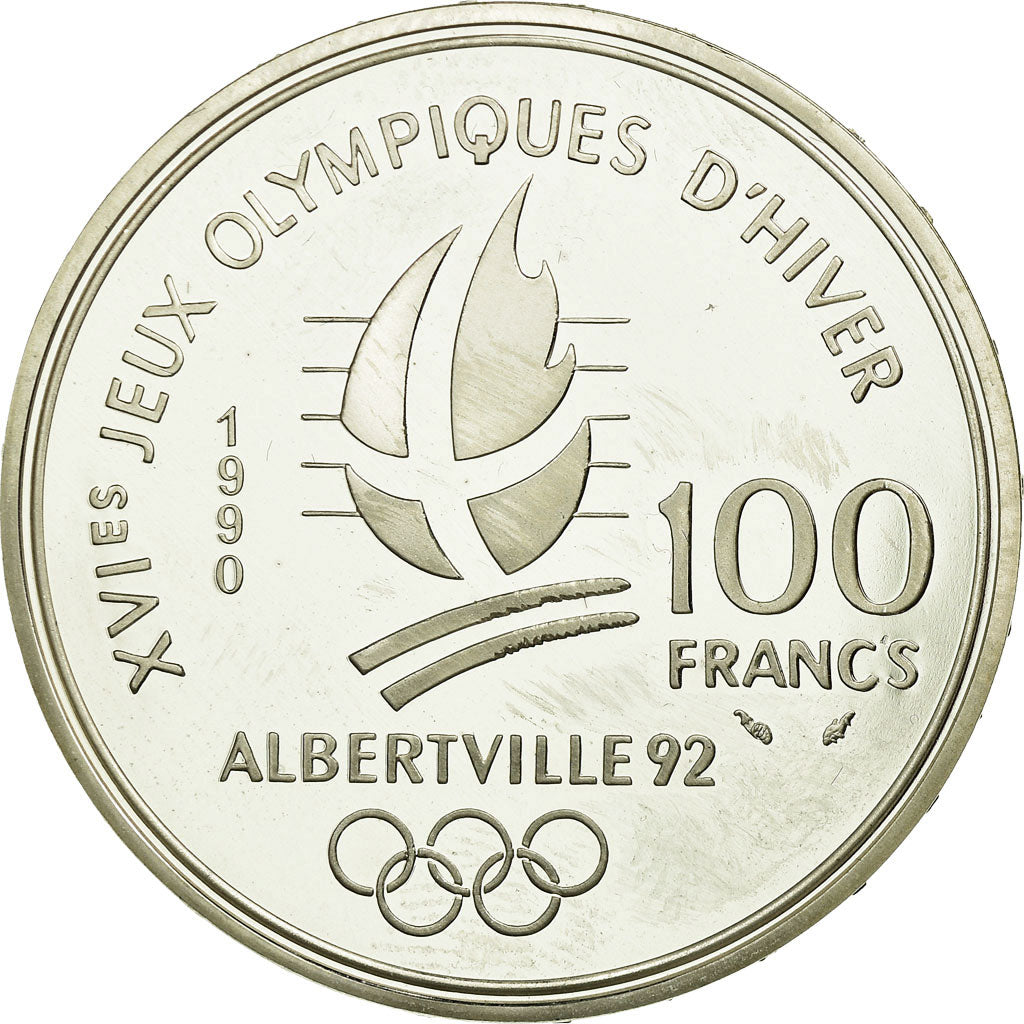 Moneta, Francia, Bobsledding, 100 Francs, 1990, BE, SPL-, Argento, KM:981