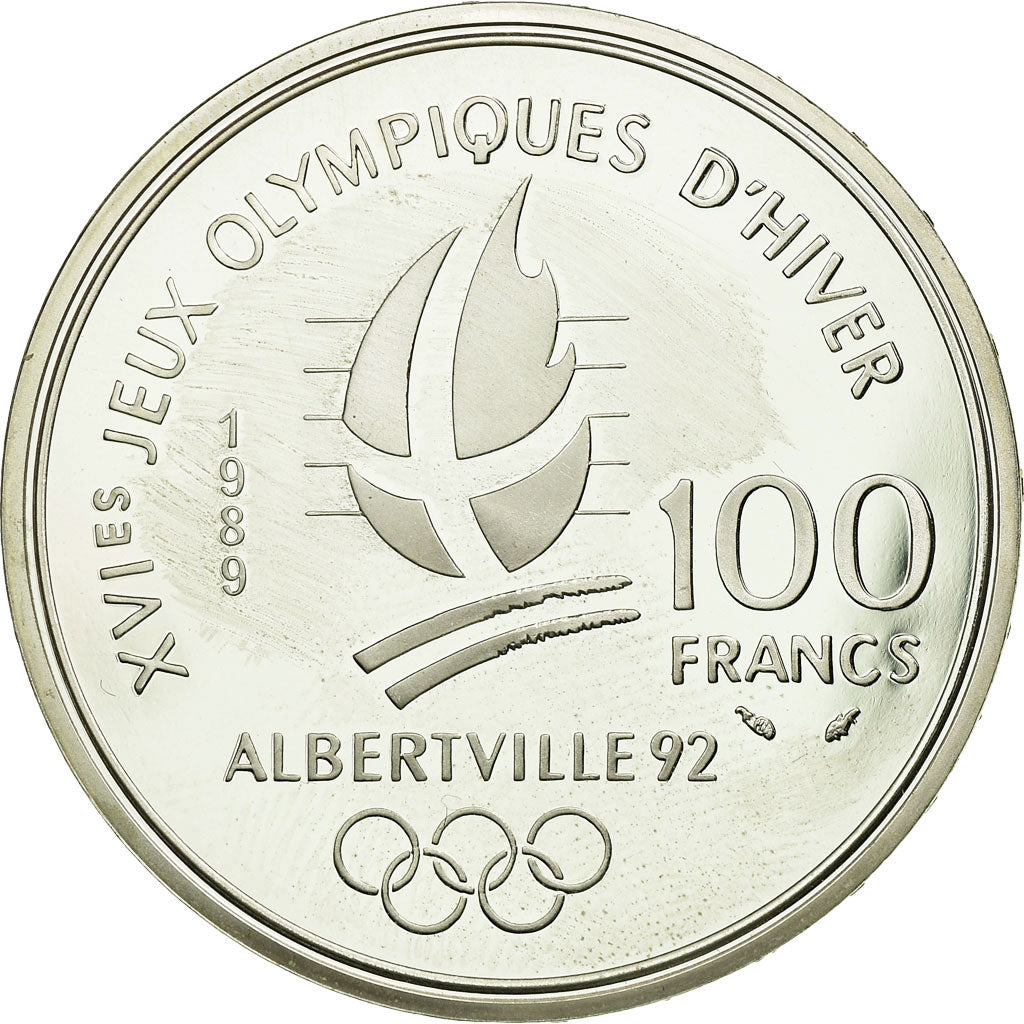 Moneda, Francia, Alpine skiing, 100 Francs, 1989, EBC, Plata, KM:971