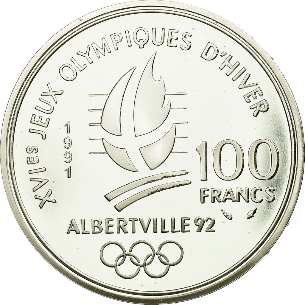 Moneda, Francia, Cross-country skier, 100 Francs, 1991, BE, EBC, Plata, KM:994