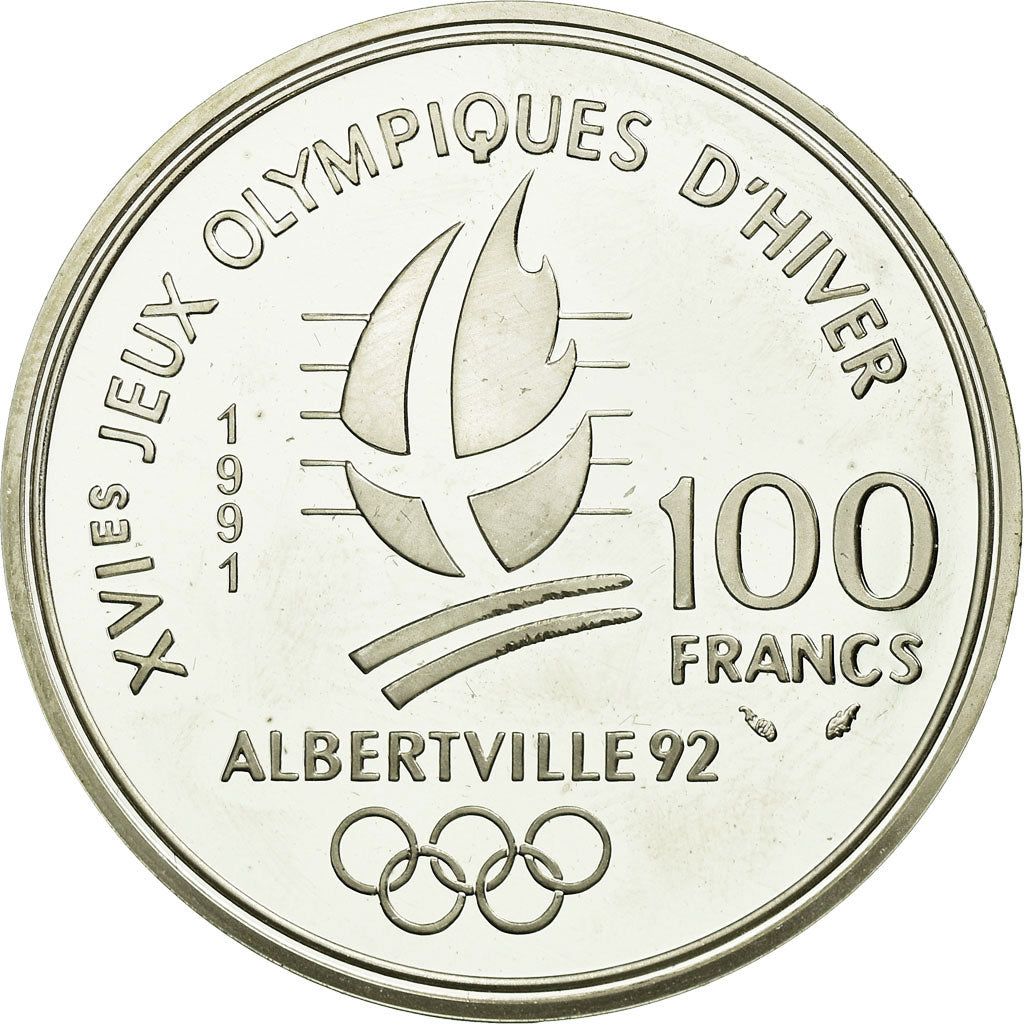 Moneda, Francia, Ski jumpers, 100 Francs, 1991, BE, EBC, Plata, KM:995