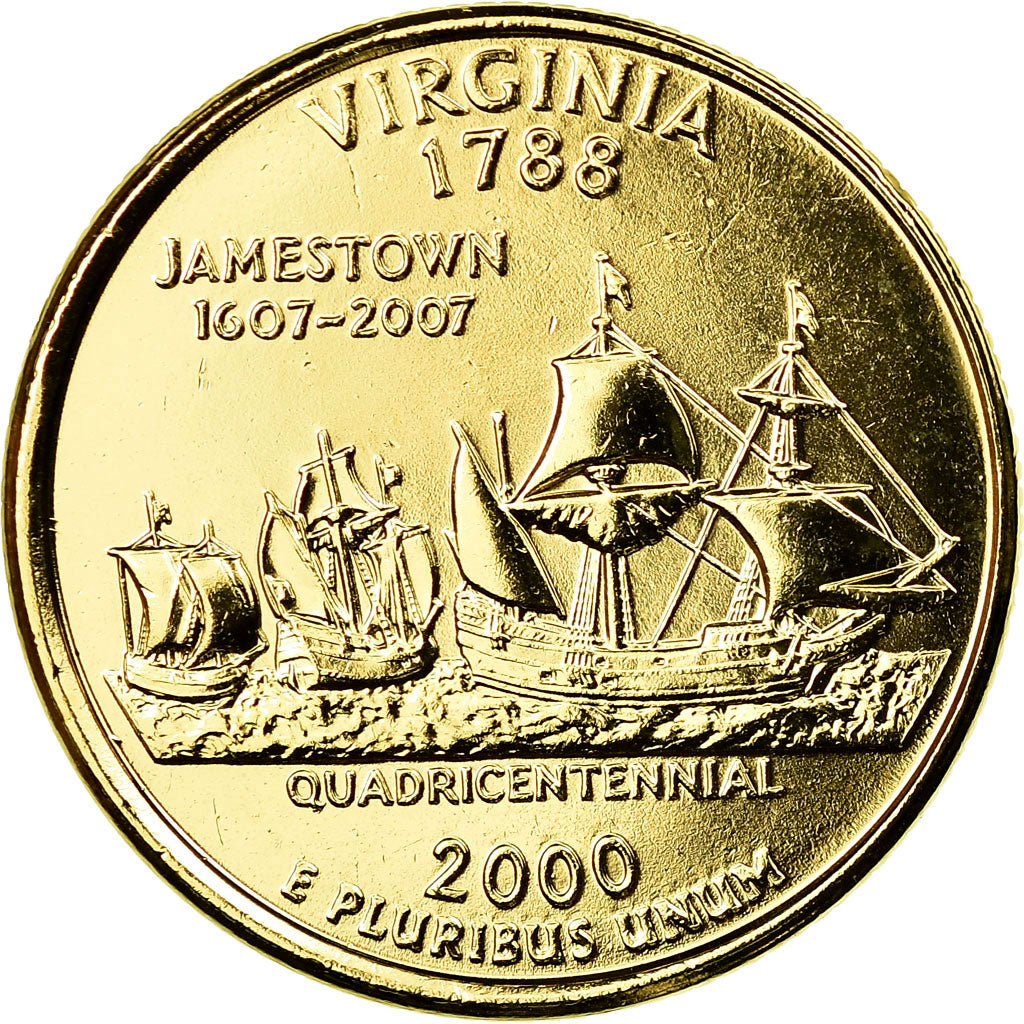 Coin, United States, Virginia, Quarter, 2000, U.S. Mint, Philadelphia, golden