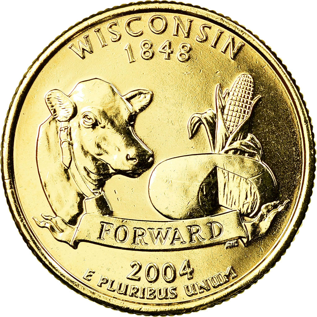 Coin, United States, Wisconsin, Quarter, 2004, U.S. Mint, Philadelphia, golden