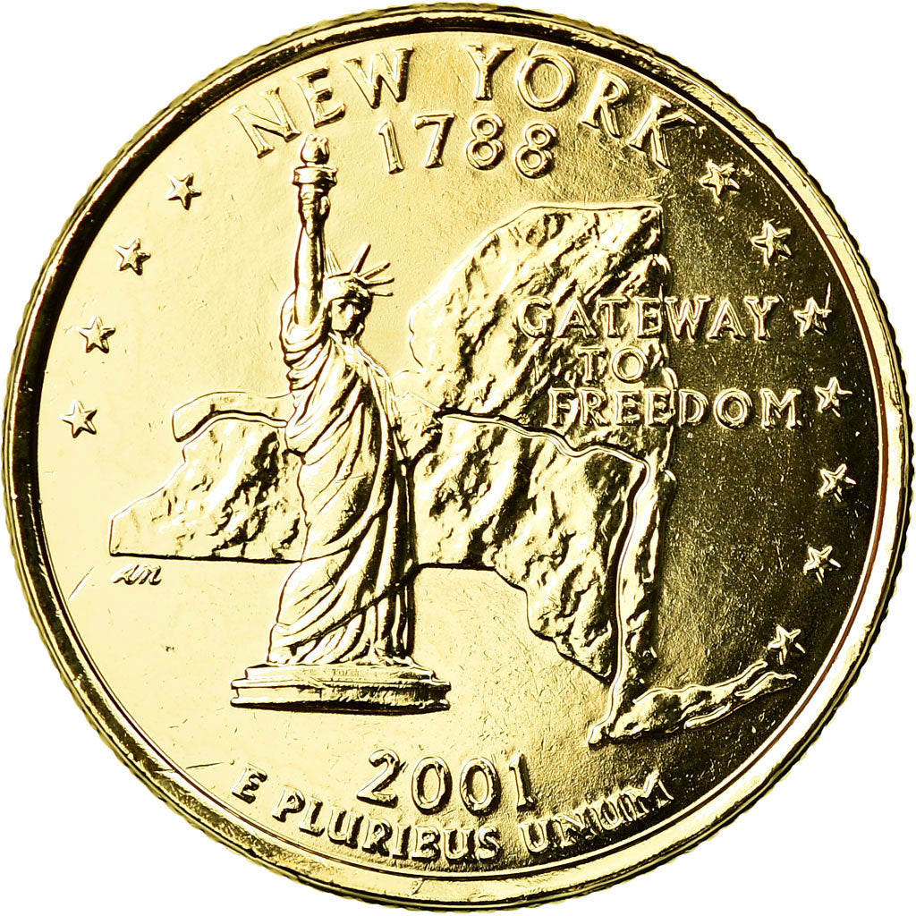 Coin, United States, New York, Quarter, 2001, U.S. Mint, Denver, golden