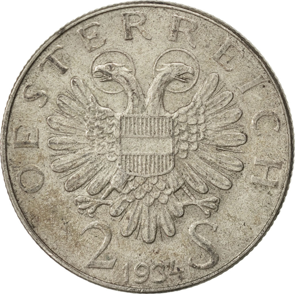 AUSTRIA, 2 Schilling, 1934, KM #2852, AU(50-53), Silver, 12.09