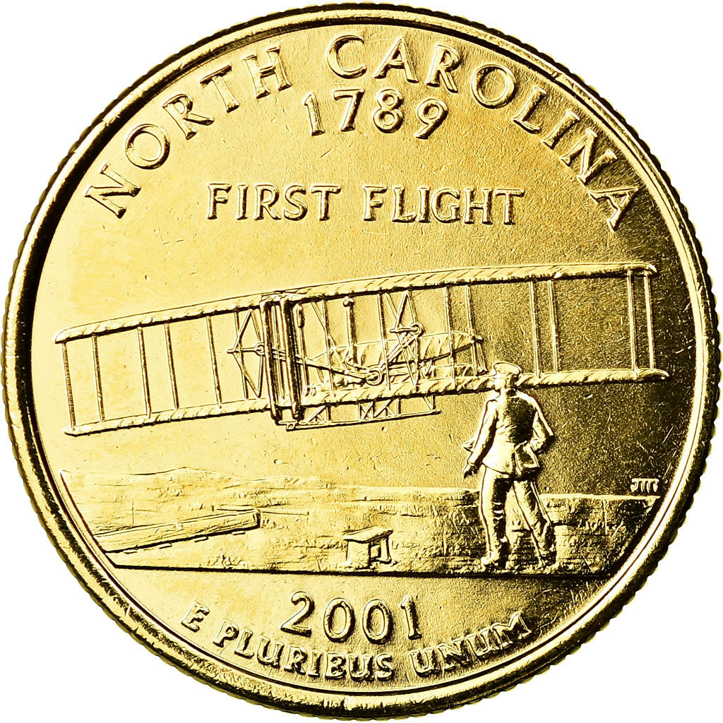 Coin, United States, North Carolina, Quarter, 2001, U.S. Mint, Denver, golden
