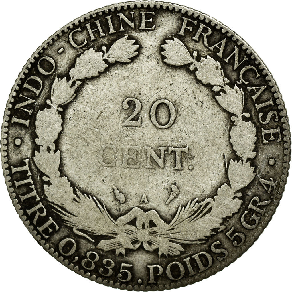 Moneta, Indocina francese, 20 Cents, 1909, Paris, MB, Argento, KM:10