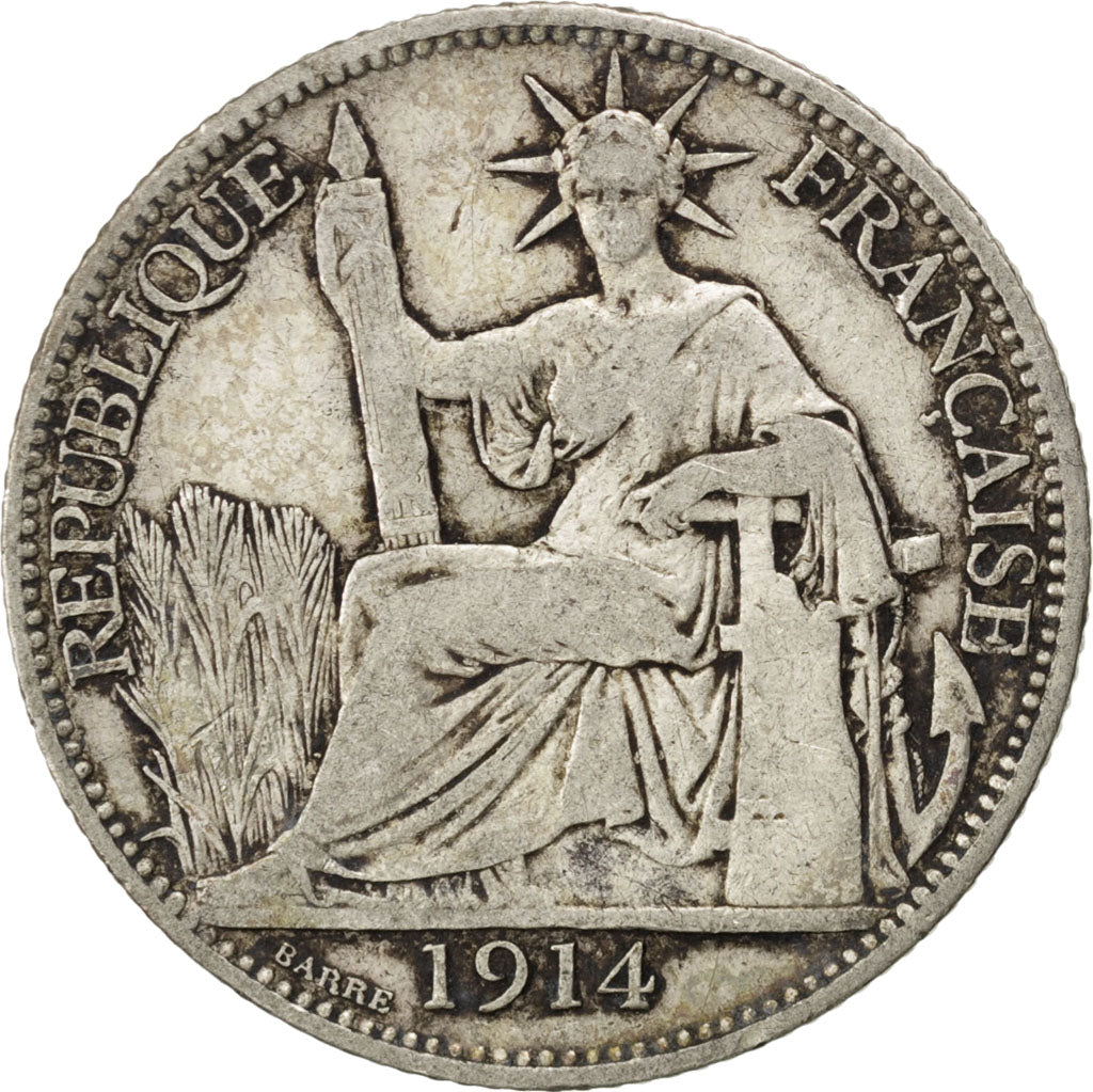 FRENCH INDO-CHINA, 20 Cents, 1914, Paris, KM #10, VF(20-25), Silver, Lecompte...