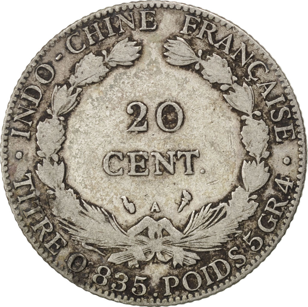 FRENCH INDO-CHINA, 20 Cents, 1914, Paris, KM #10, VF(20-25), Silver, Lecompte...