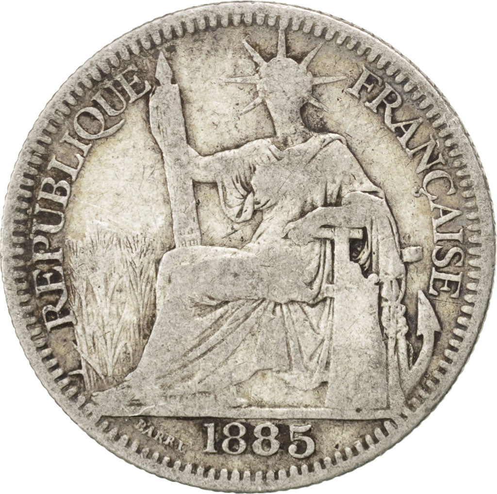 FRENCH INDO-CHINA, 10 Cents, 1885, Paris, KM #2, VG(8-10), Silver, Lecompte...