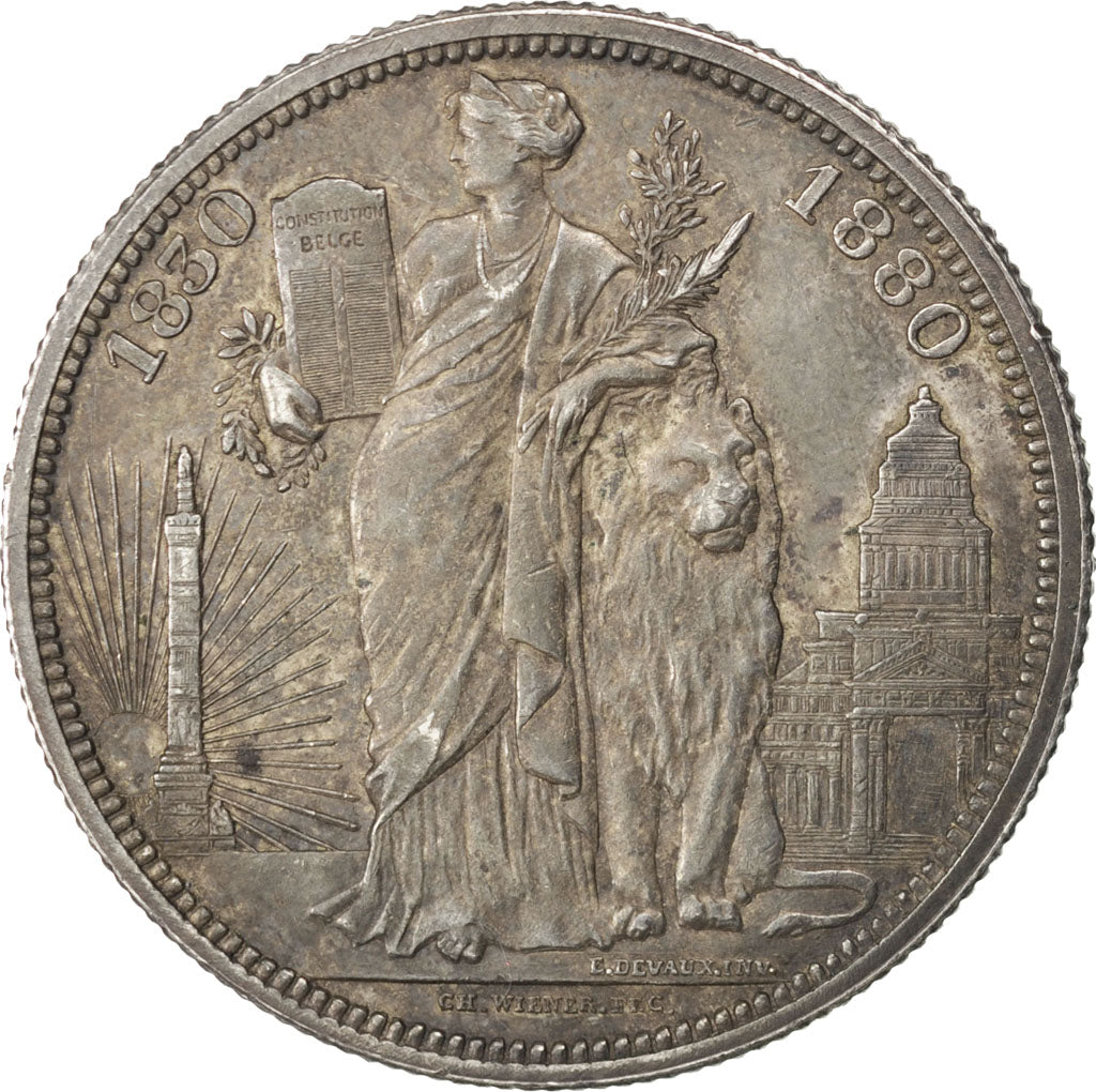 BELGIUM, 5 Francs, 1880, KM #8, AU(55-58), Silver, 25.00