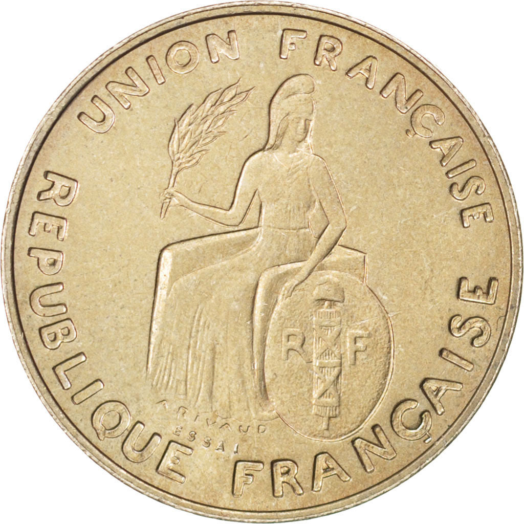 FRENCH OCEANIA, 2 Francs, 1948, KM #E5, AU(55-58), Copper-Nickel, 26.9,...