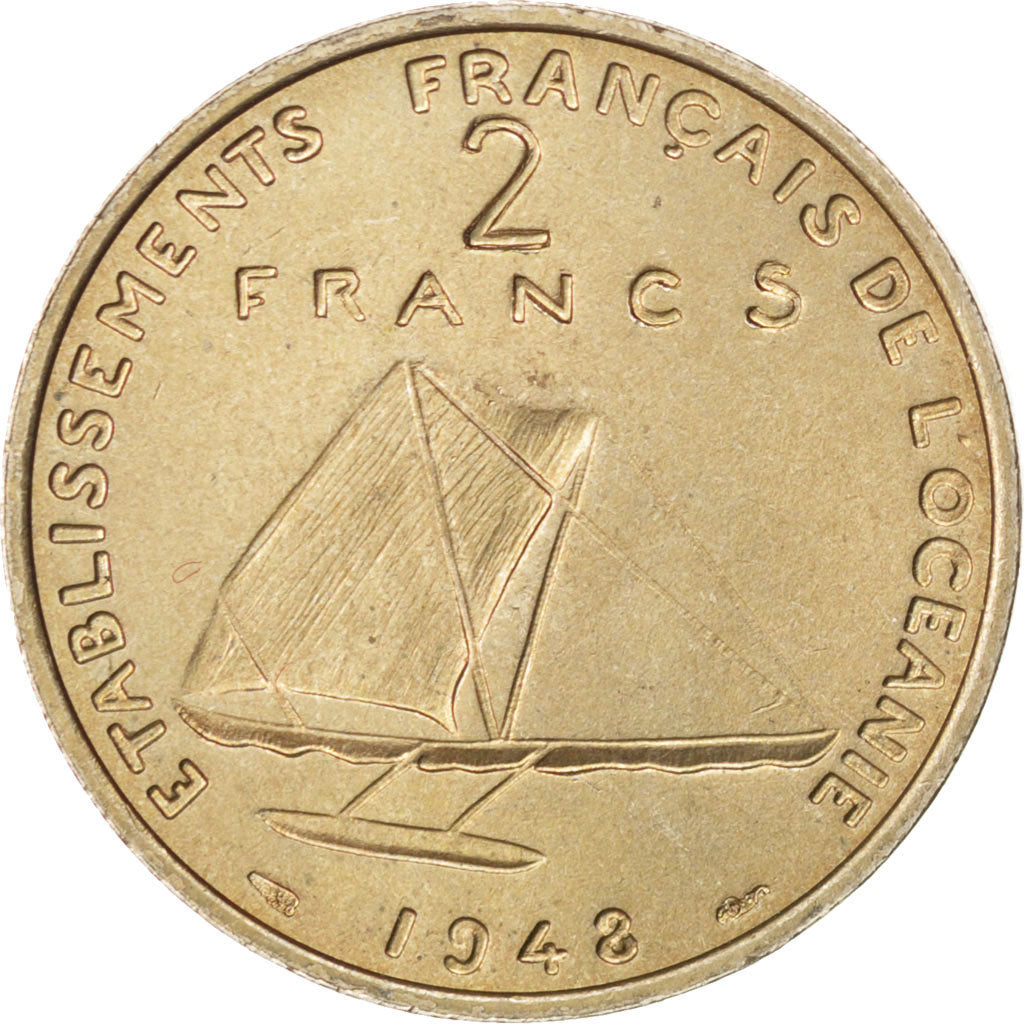 FRENCH OCEANIA, 2 Francs, 1948, KM #E5, AU(55-58), Copper-Nickel, 26.9,...