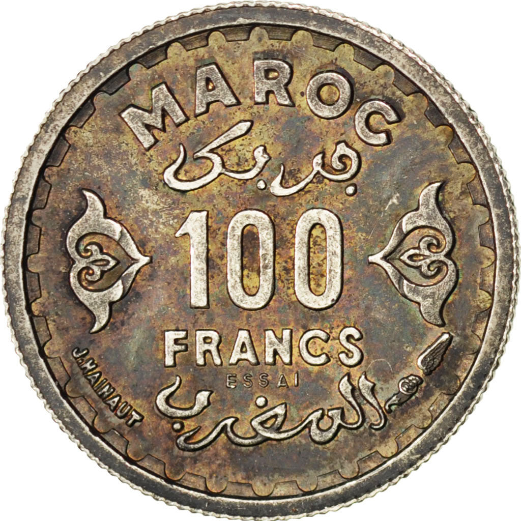 MOROCCO, 100 Francs, 1950, Paris, KM #E40, MS(65-70), Silver, Lecompte #284,...