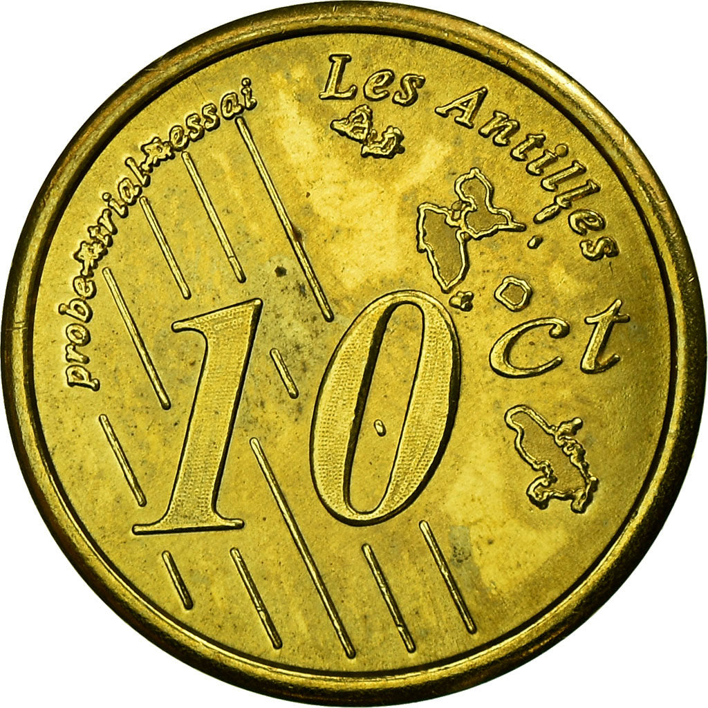 France, Fantasy euro patterns, 10 Euro Cent, Guadeloupe, 2005, MS(63), Brass
