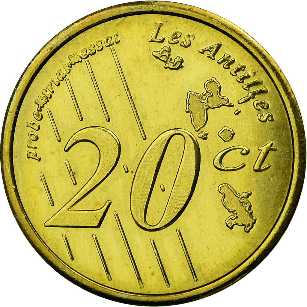 France, Fantasy euro patterns, 20 Euro Cent, Martinique, 2005, MS(63), Brass