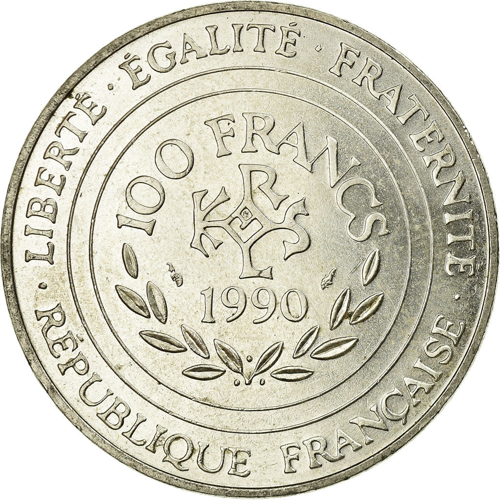 Coin, France, Charlemagne, 100 Francs, 1990, MS(60-62), Silver, KM:982