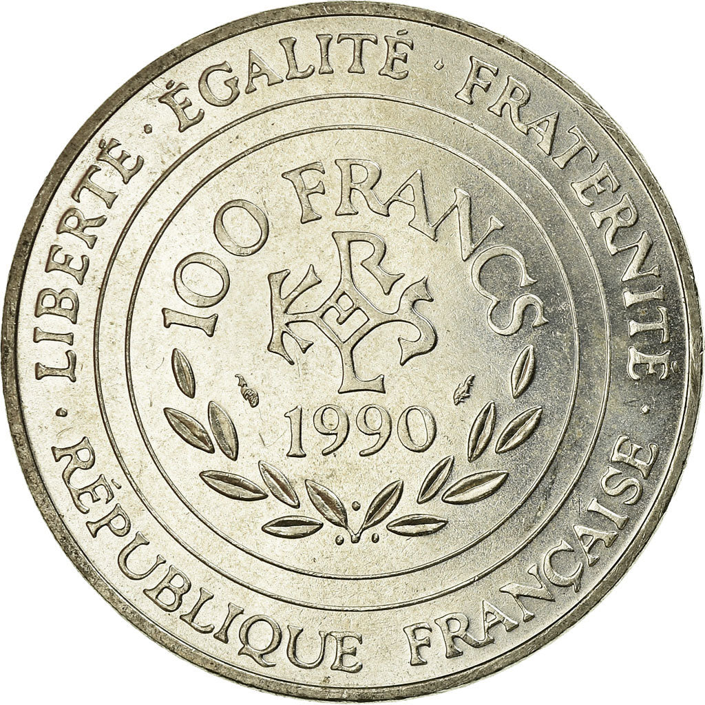 Coin, France, Charlemagne, 100 Francs, 1990, MS(60-62), Silver, KM:982