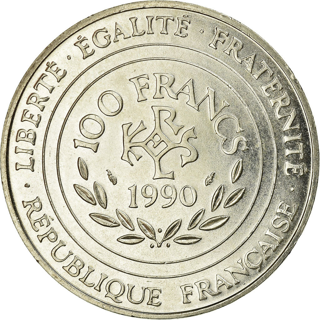 Coin, France, Charlemagne, 100 Francs, 1990, MS(60-62), Silver, KM:982