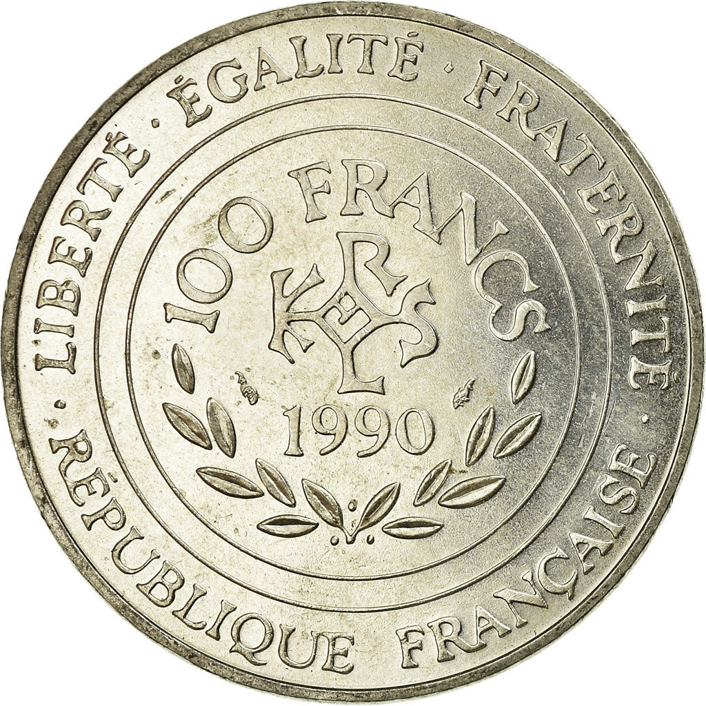 Coin, France, Charlemagne, 100 Francs, 1990, MS(60-62), Silver, KM:982