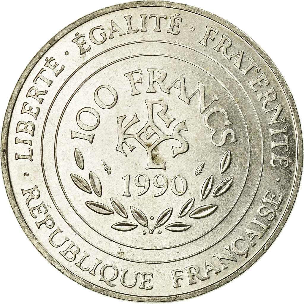 Coin, France, Charlemagne, 100 Francs, 1990, MS(60-62), Silver, KM:982