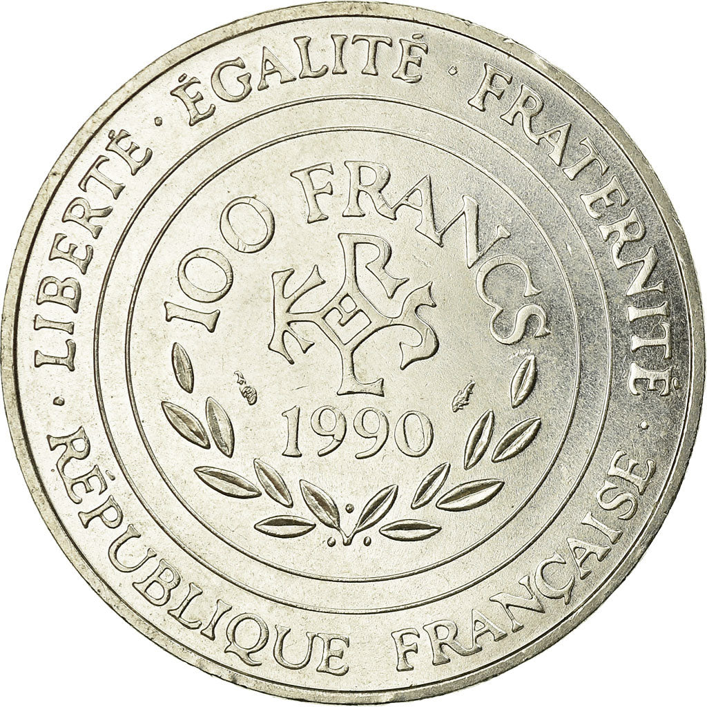 Coin, France, Charlemagne, 100 Francs, 1990, MS(60-62), Silver, KM:982