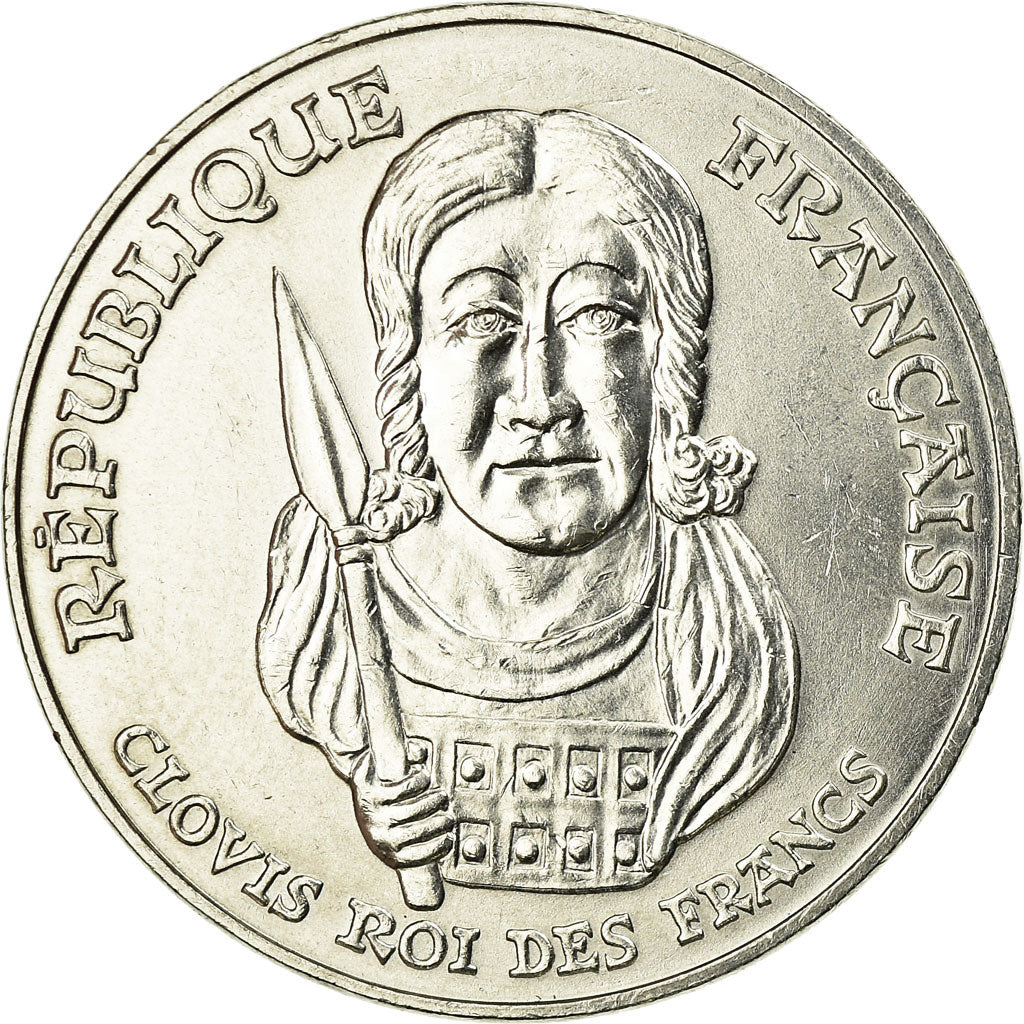 Moeda, França, Clovis, 100 Francs, 1996, MS(60-62), Prata, KM:1180, Gadoury:953