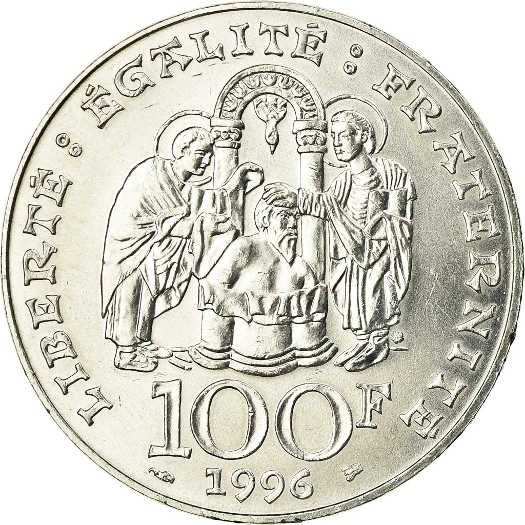 Moeda, França, Clovis, 100 Francs, 1996, MS(60-62), Prata, KM:1180, Gadoury:953