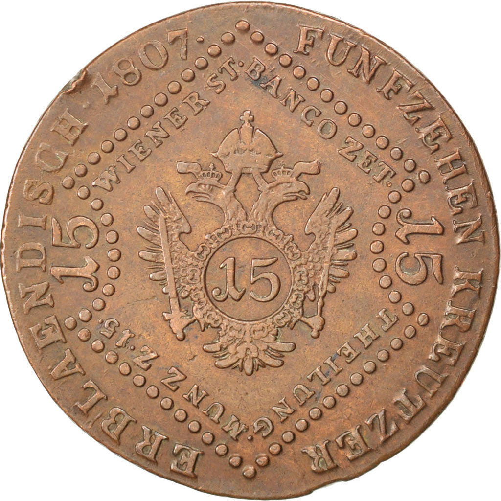 AUSTRIA, 15 Kreuzer, 1807, Schmollnitz, KM #2138, AU(50-53), Copper, 35.12,...
