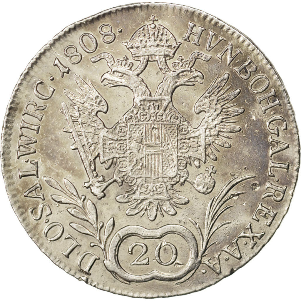 AUSTRIA, 20 Kreuzer, 1808, Vienne, KM #2141, AU(55-58), Silver, 28, 6.70