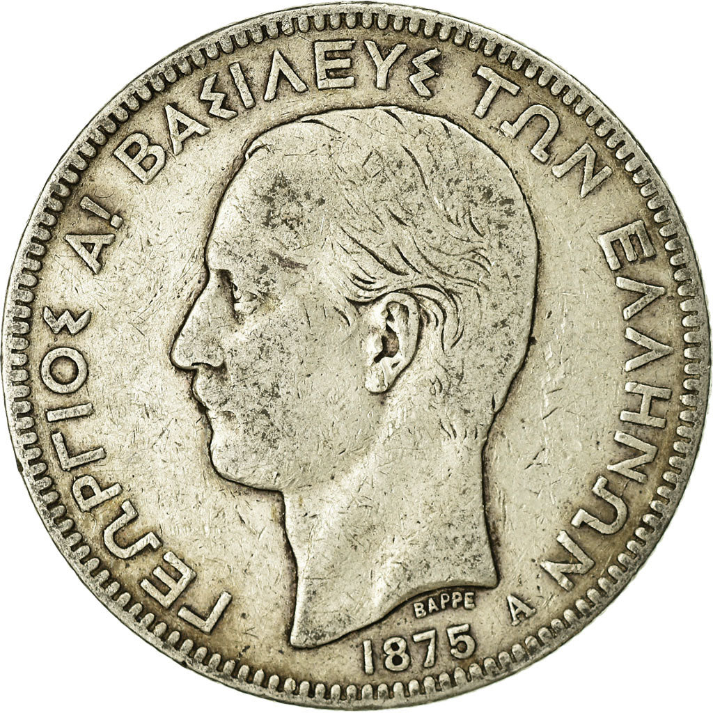 Coin, Greece, George I, 5 Drachmai, 1875, Paris, VF(20-25), Silver, KM:46