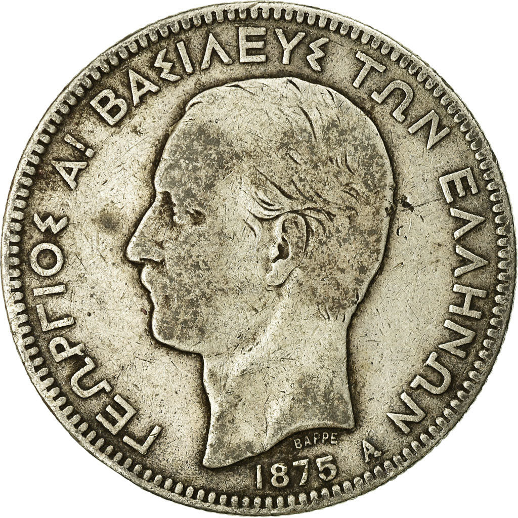 Coin, Greece, George I, 5 Drachmai, 1875, Paris, VF(20-25), Silver, KM:46