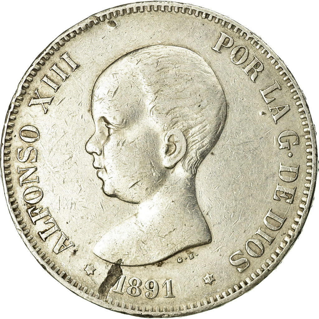 Moneda, España, Alfonso XIII, 5 Pesetas, 1891, Madrid, BC+, Plata, KM:689