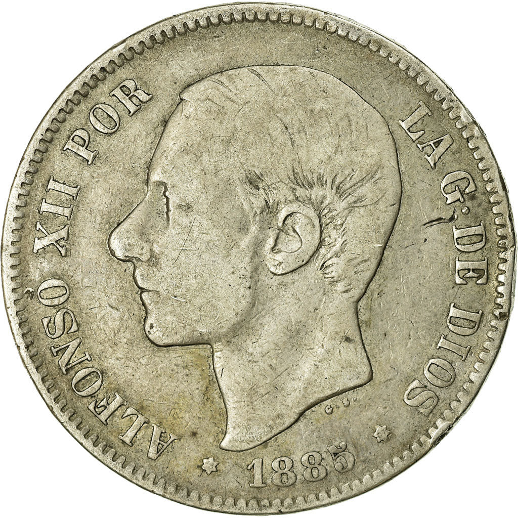 Coin, Spain, Alfonso XII, 5 Pesetas, 1885-1887, Madrid, VF(20-25), Silver