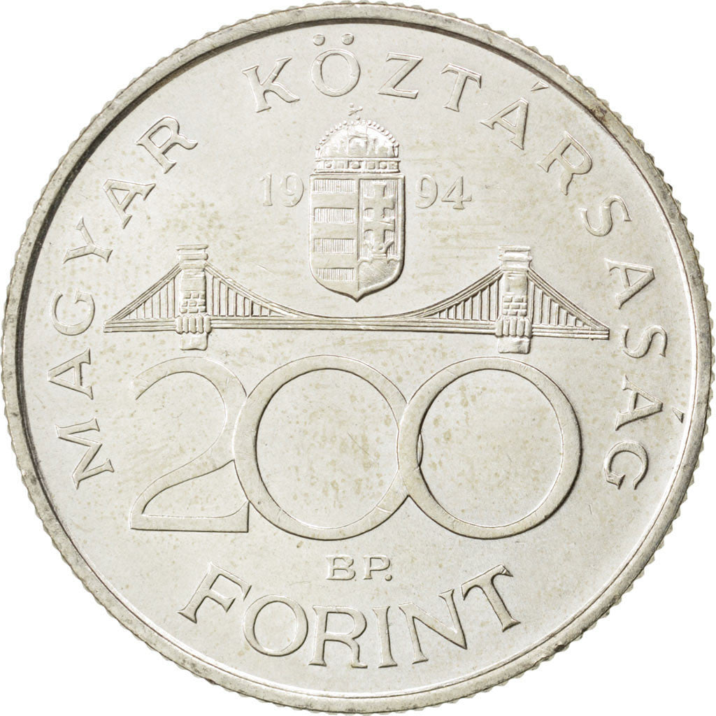 HUNGARY, 200 Forint, 1994, KM #707, AU(55-58), Silver, 12.11
