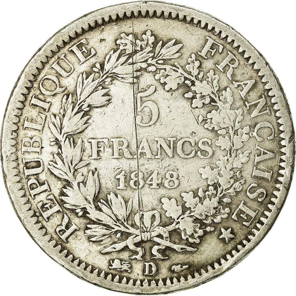 Moneda, Francia, Hercule, 5 Francs, 1848, Lyon, BC+, Plata, KM:756.3