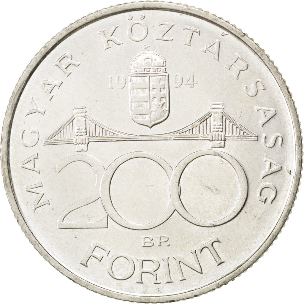 HUNGARY, 200 Forint, 1994, KM #707, AU(55-58), Silver, 12.04