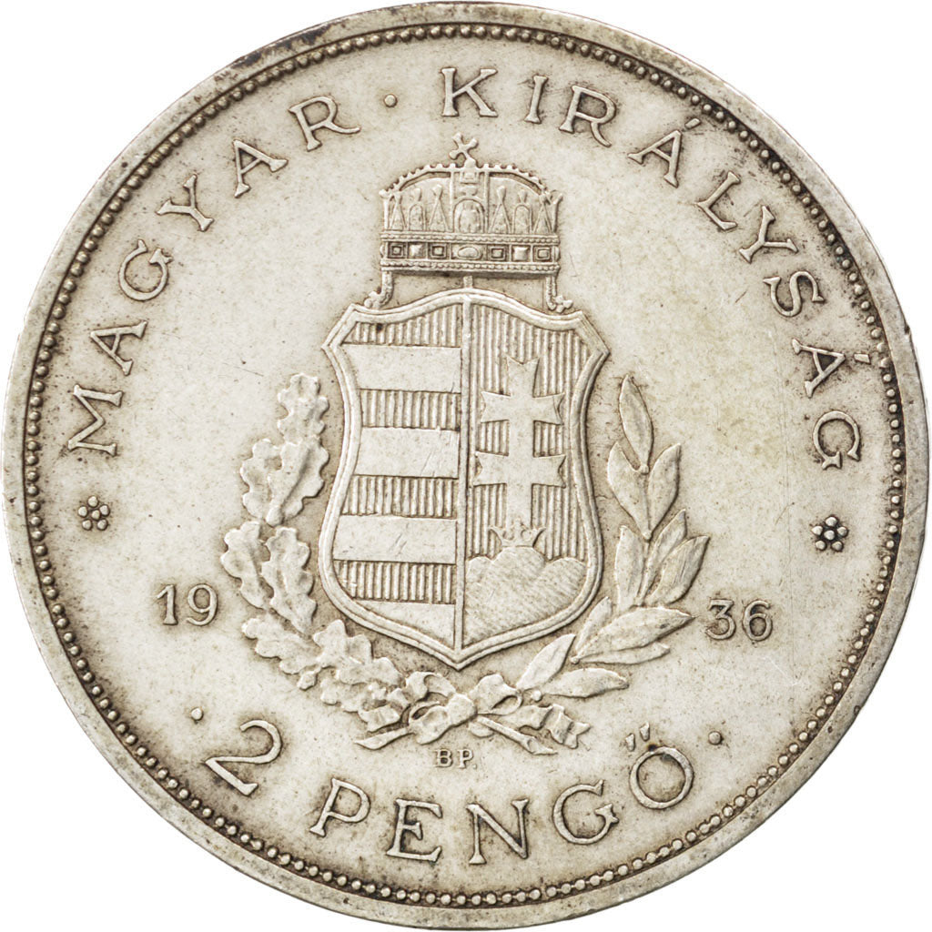 HUNGARY, 2 Pengo, 1936, KM #515, AU(50-53), Silver, 27, 9.97