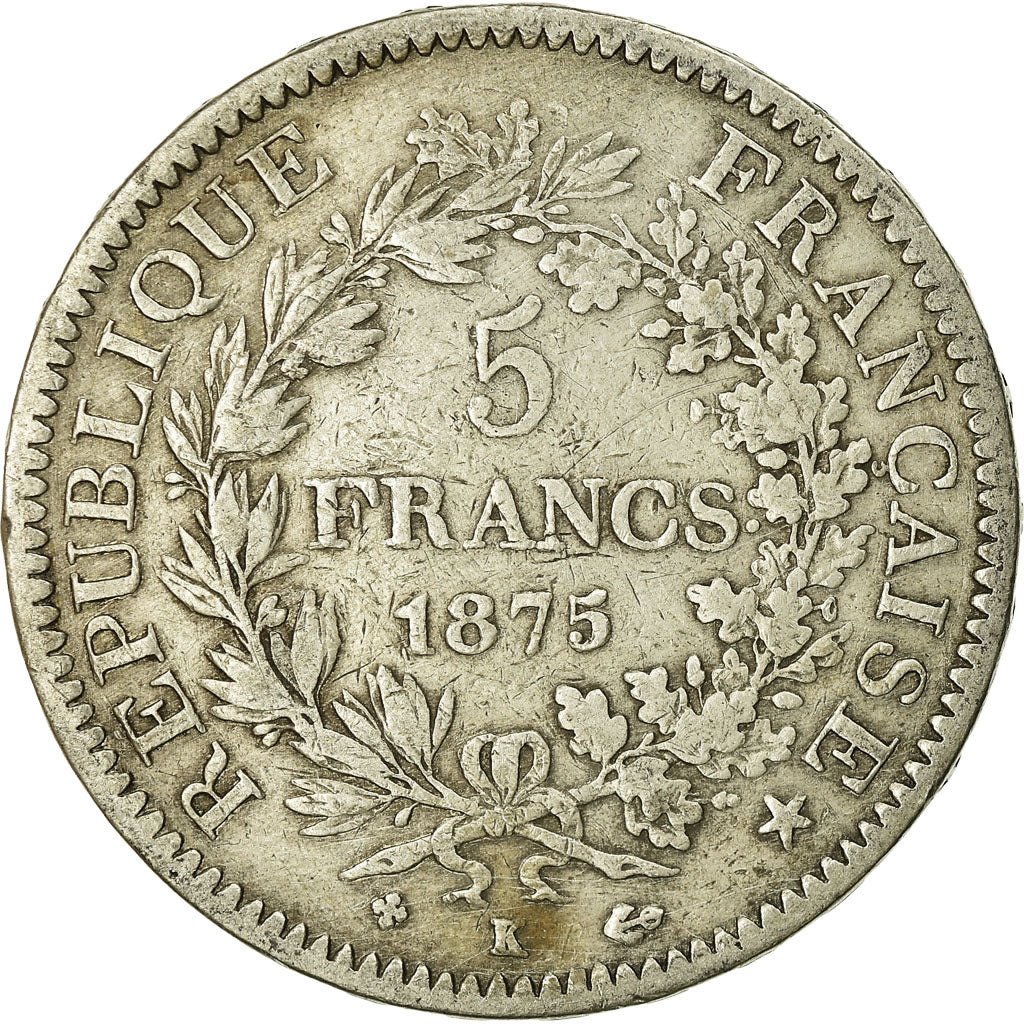 Moeda, França, Hercule, 5 Francs, 1875, Bordeaux, VF(20-25), Prata, KM:820.2