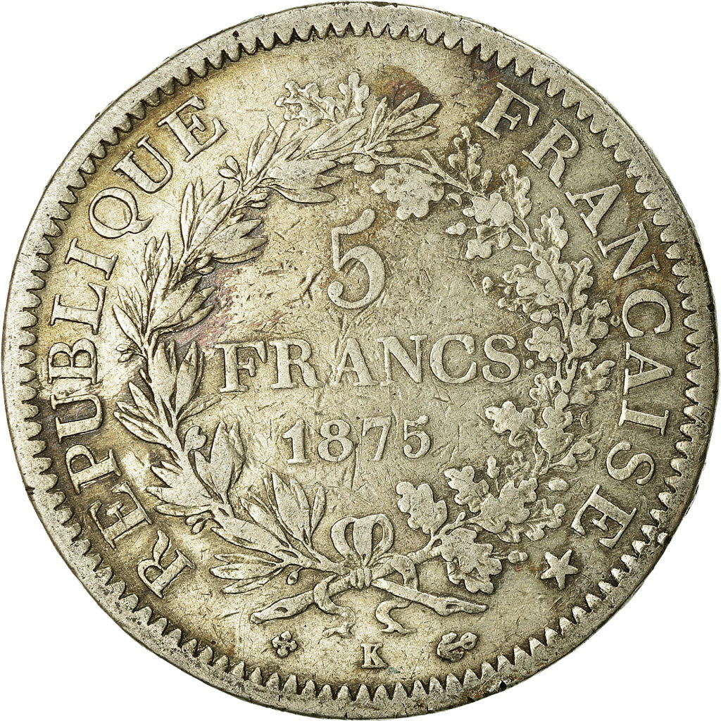 Coin, France, Hercule, 5 Francs, 1875, Bordeaux, VF(20-25), Silver, KM:820.2