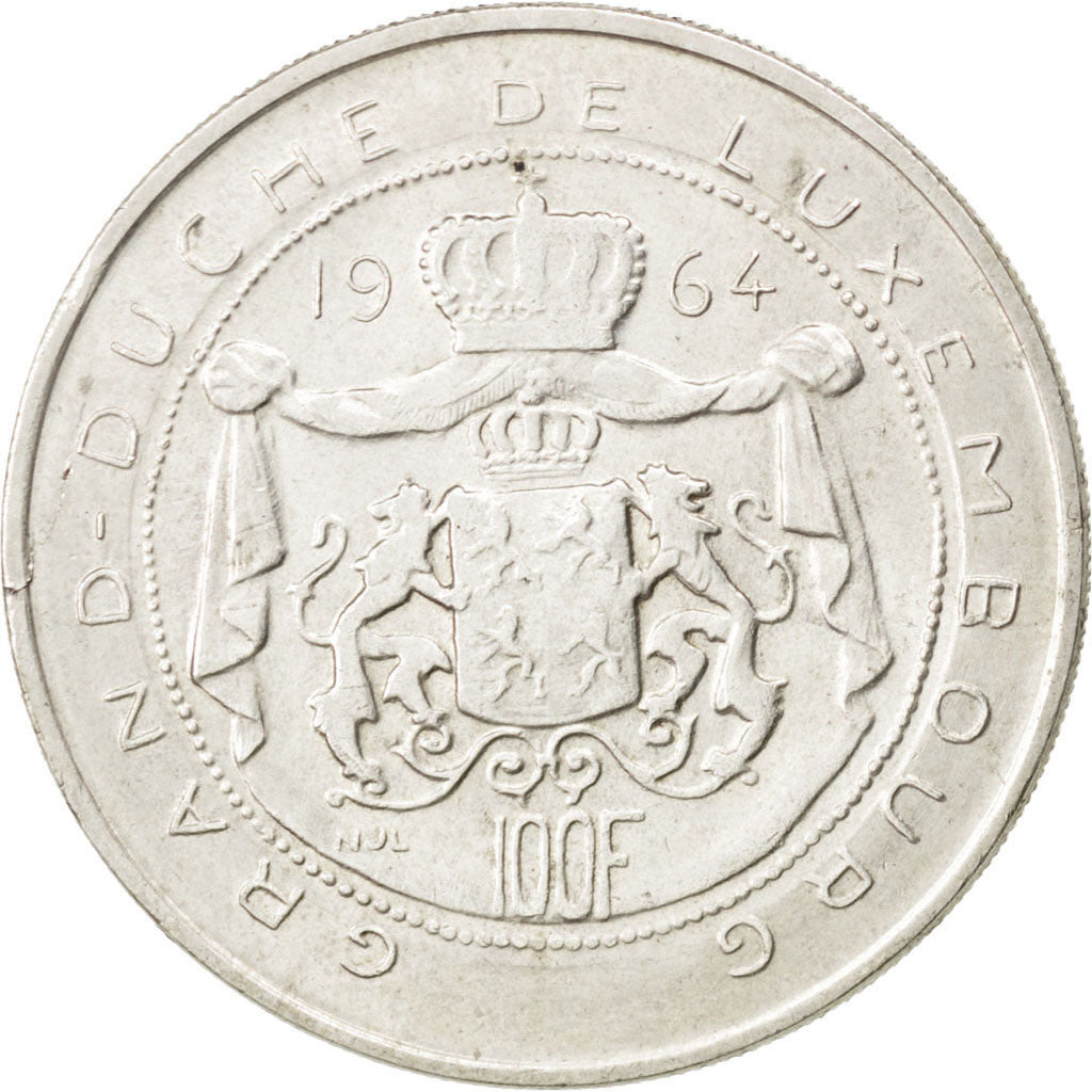 LUXEMBOURG, 100 Francs, 1964, KM #54, AU(55-58), Silver, 33.1, 17.75