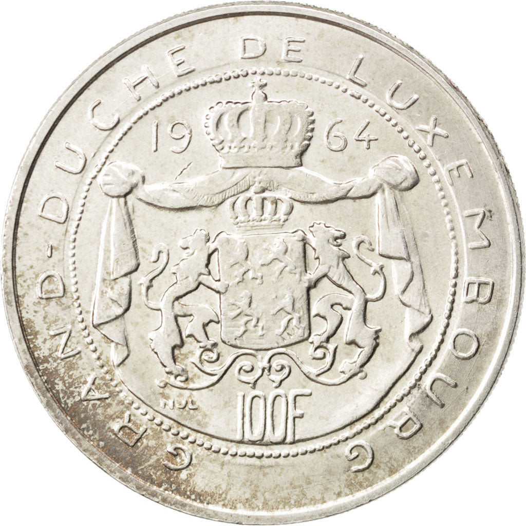 LUXEMBOURG, 100 Francs, 1964, KM #54, AU(55-58), Silver, 33.1, 17.49