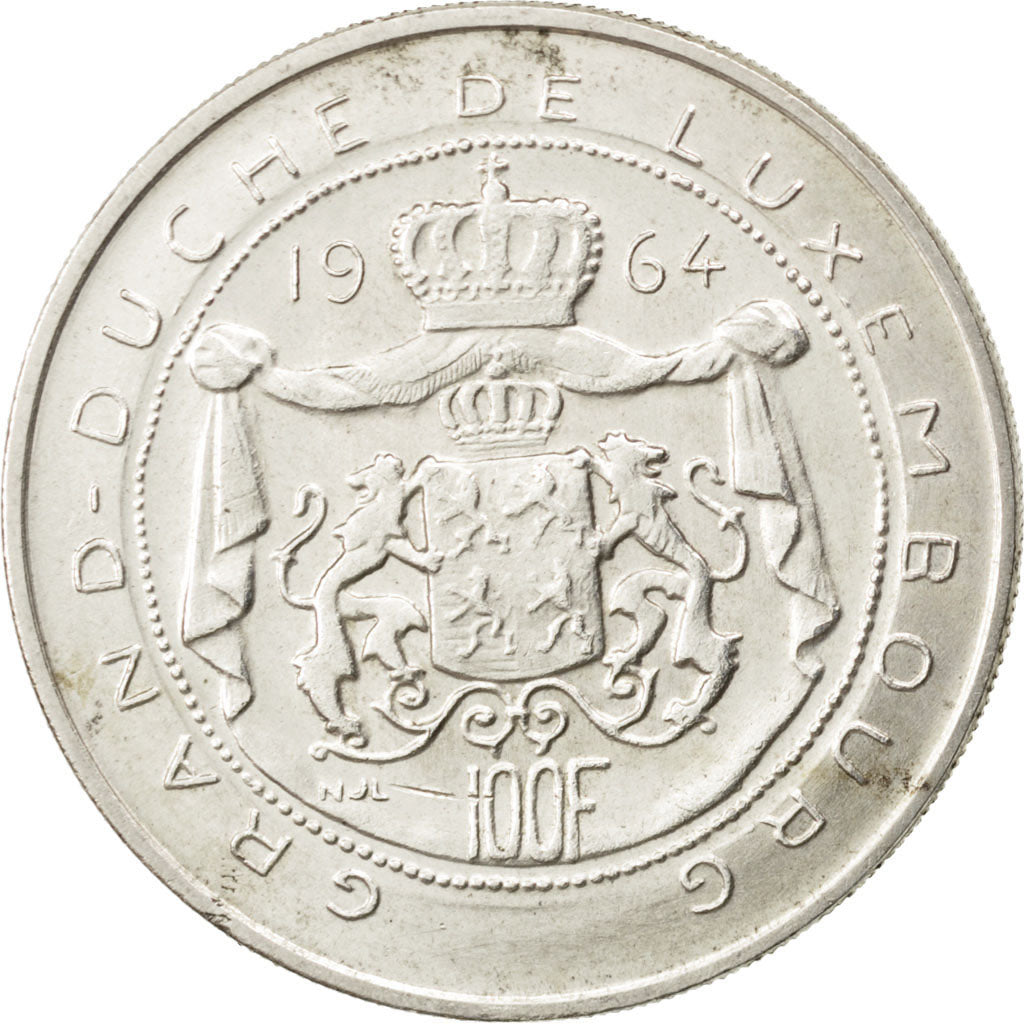 LUXEMBOURG, 100 Francs, 1964, KM #54, AU(55-58), Silver, 33.1, 17.83