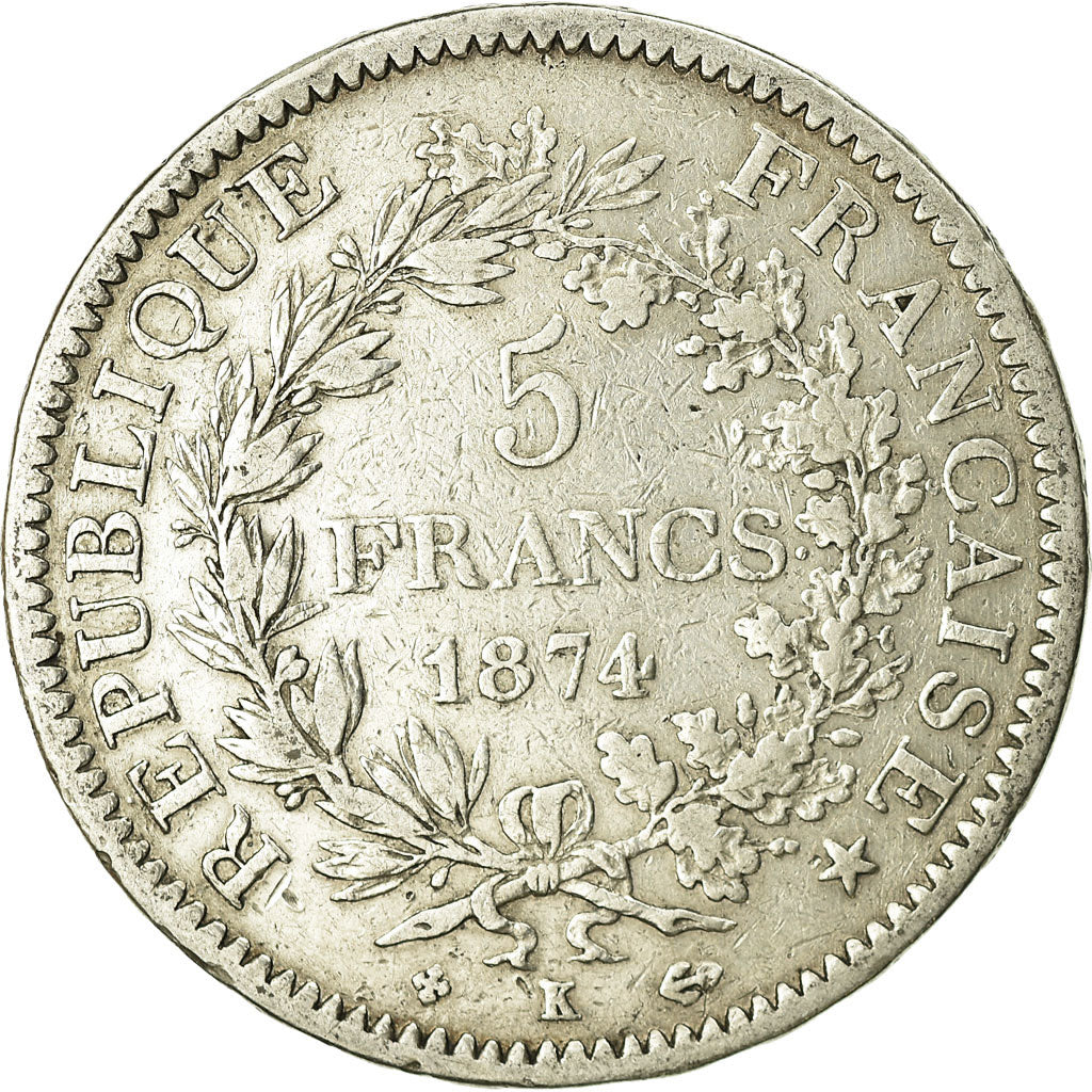 Moeda, França, Hercule, 5 Francs, 1874, Bordeaux, VF(20-25), Prata, KM:820.2