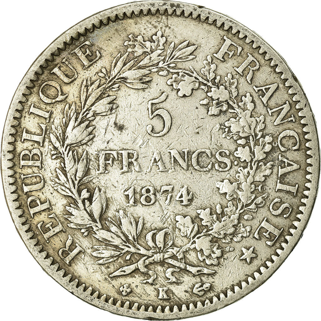 Moneta, Francia, Hercule, 5 Francs, 1874, Bordeaux, MB+, Argento, KM:820.2
