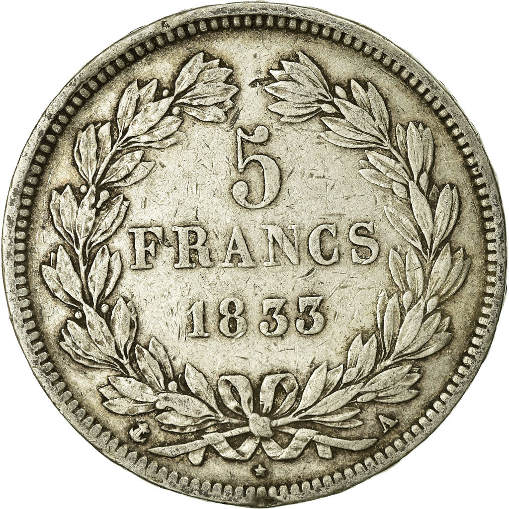 Moneta, Francia, Louis-Philippe, 5 Francs, 1833, Paris, MB, Argento, KM:749.1