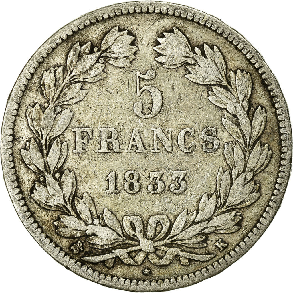 Münze, Frankreich, Louis-Philippe, 5 Francs, 1833, Bordeaux, S, Silber