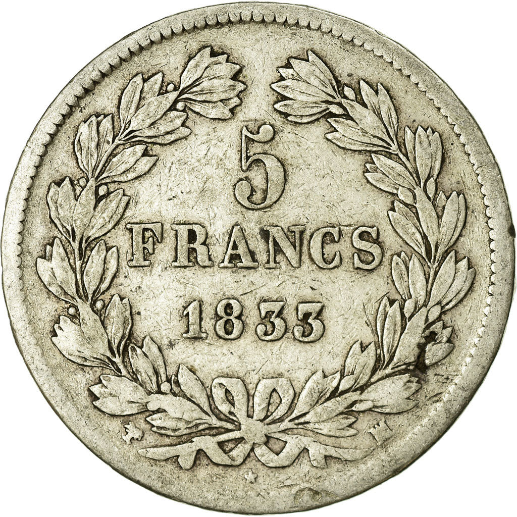 Moeda, França, Louis-Philippe, 5 Francs, 1833, Marseille, VF(20-25), Prata